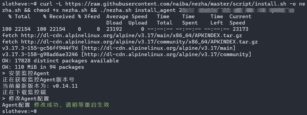 在Alpine上使用Nezha一键脚本被控                              1